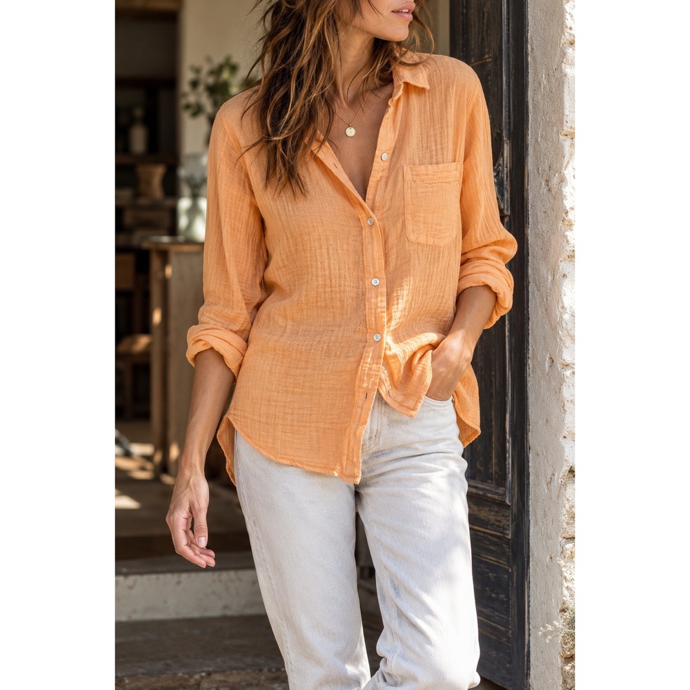 Rails Ellis Organic Cotton Gauze Button Down Shirt Papaya Orange Large